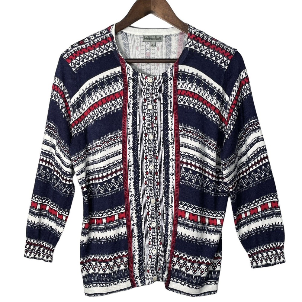Joseph A Cardigan Women Large Navy Blue Red Geometric Tribal Knit Excellent